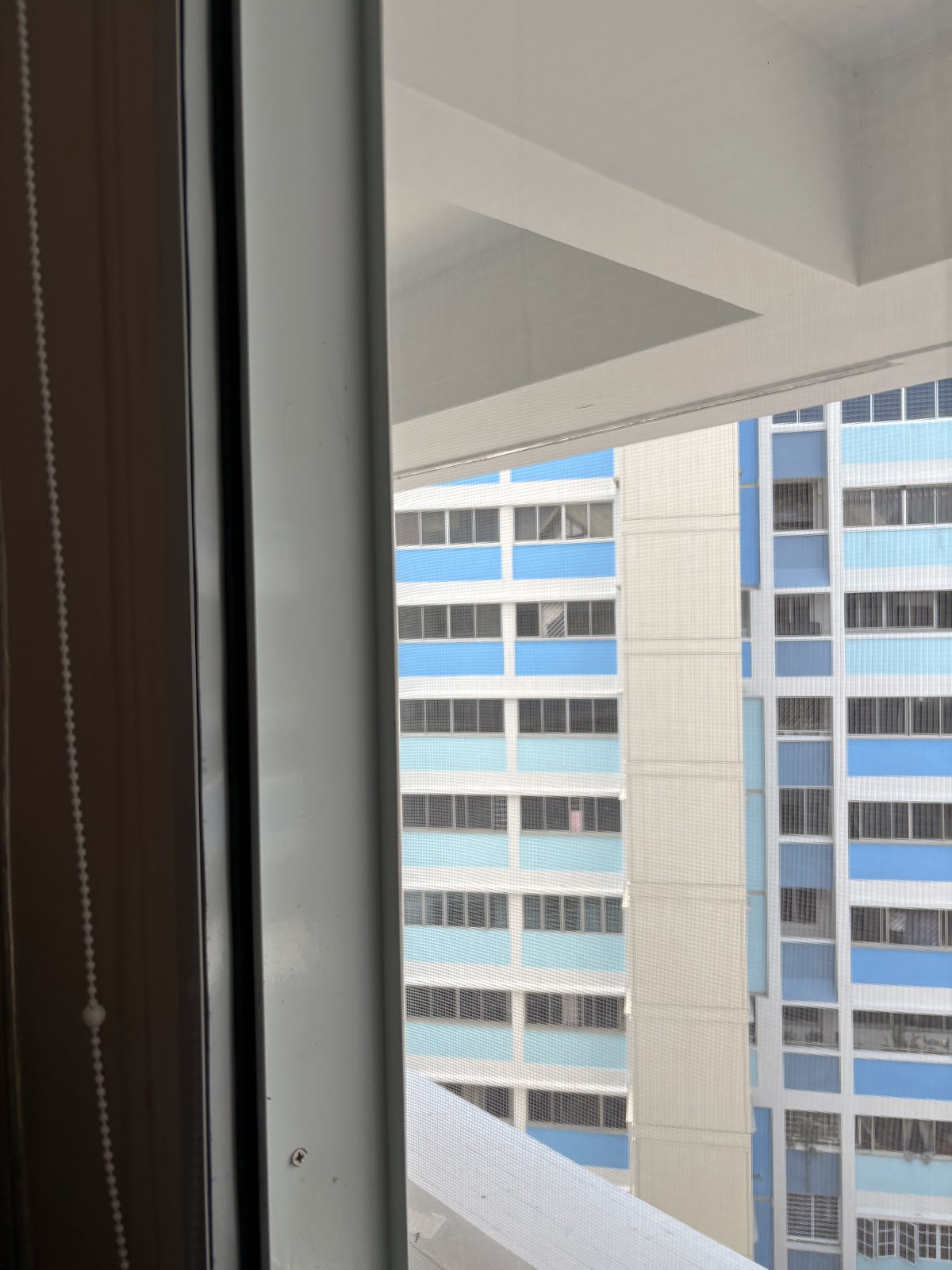 Fine insect mesh screen fitted across a window with HDB blocks visible through it